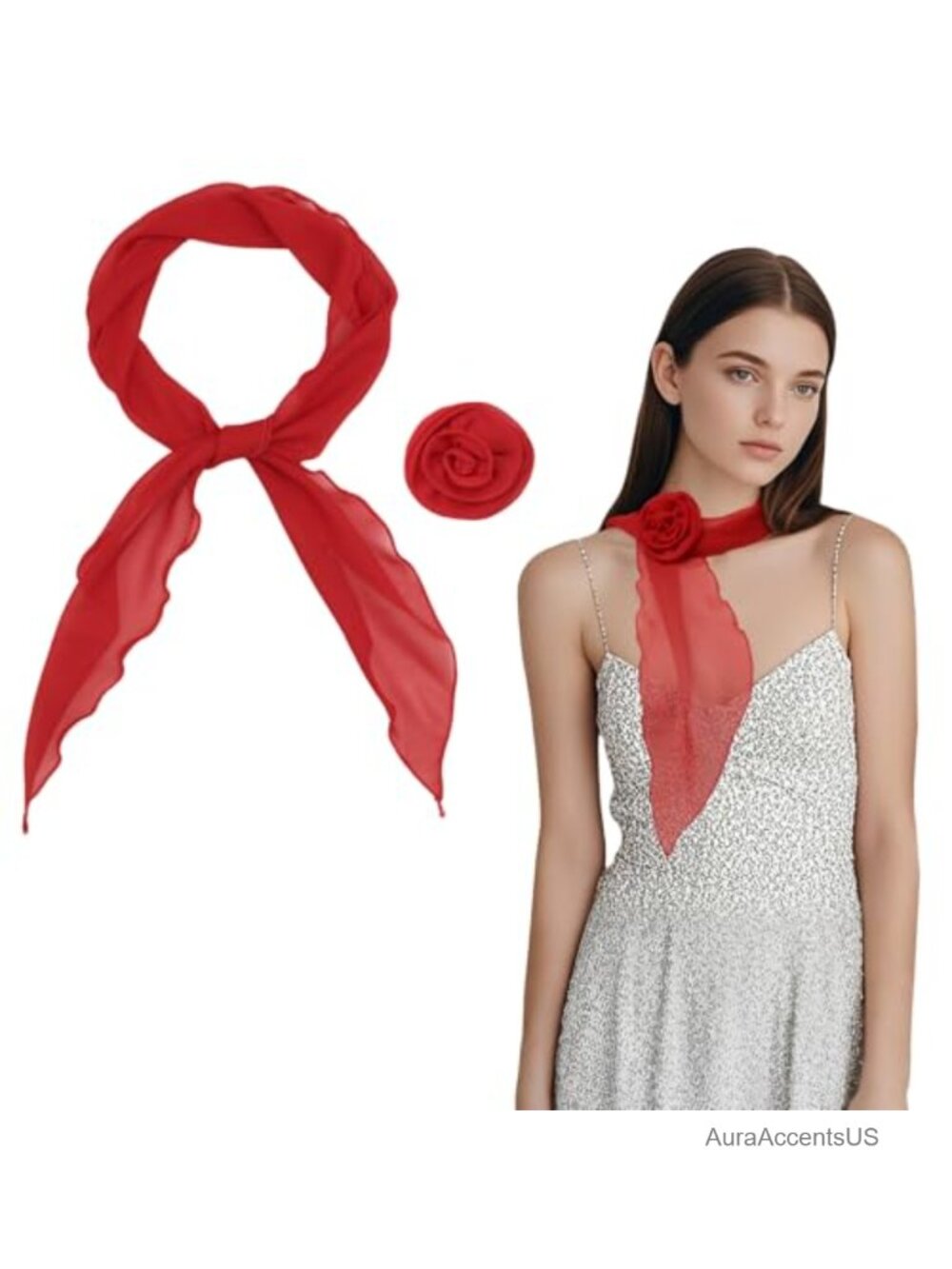 Chiffon Fashion Scarf for Women with Detachable Rose Brooch, Wavy Trim,
